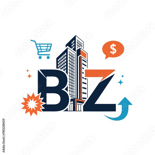 BIZ Business E-commerce Building Logo, Real Estate Online Sales Growth Concept, isolated white background.
