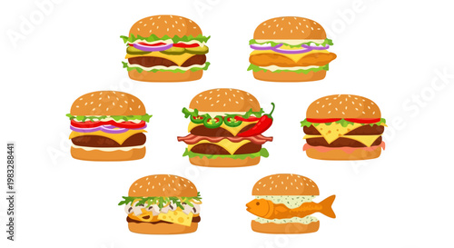 Explore a colorful collection of delicious burgers featuring diverse toppings and patties, from classic beef to unique seafood options, perfect for any fast food craving