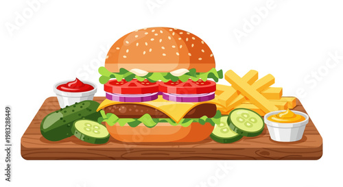 Appetizing cartoon cheeseburger with crispy french fries, pickles, and sauces on a wooden board, depicting a popular fast-food meal