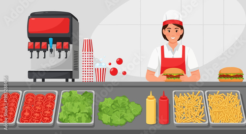 Smiling server at a bustling fast food counter, ready to dish out delicious burgers and refreshing sodas. A vibrant scene showcasing fresh ingredients for quick, satisfying meals