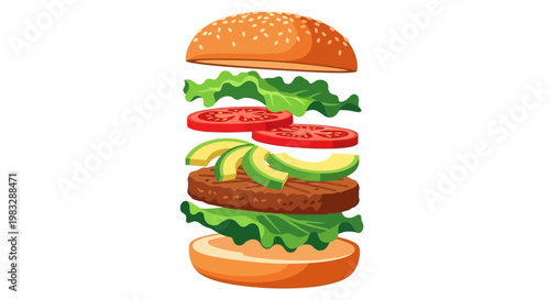 Vibrant illustration of a deconstructed burger, showcasing fresh layers. Savory patty, crisp lettuce, juicy tomatoes, and creamy avocado float between sesame buns, highlighting a delicious food item
