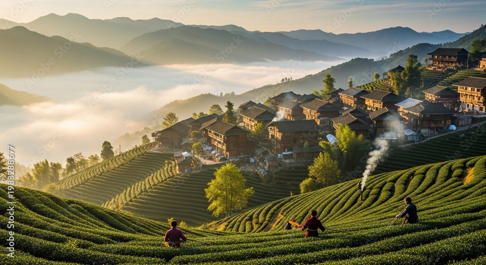Fototapeta premium Serene Morning Sunlight Over Traditional Terraced Tea Plantations and Rural Mountain Village