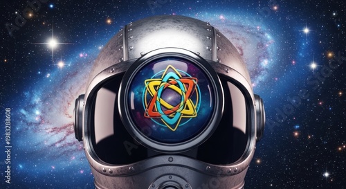 Silver space helmet reflects galaxy; central emblem. Background swirling cosmic nebula