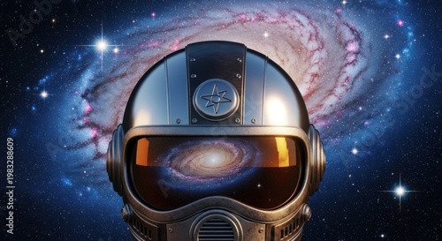Astronaut helmet reflects galaxy. A swirling nebula surrounds in space, lit stars in the background