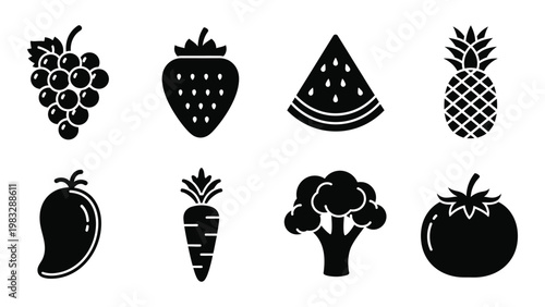 A collection of black silhouette icons depicting various fruits and vegetables high quality professional detailed modern