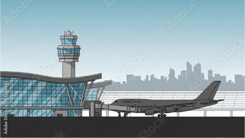 Airplane parked at airport terminal with control tower and city skyline in background created using vector 2D CAD