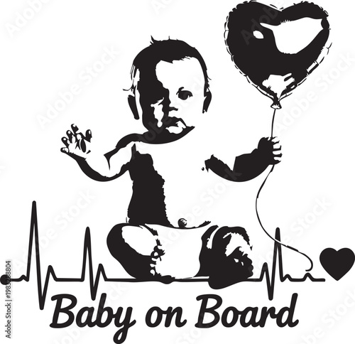 A baby in a diaper sits with a heart-shaped balloon and a 'Baby on Board' sign, symbolizing a joyful announcement of a new family member.