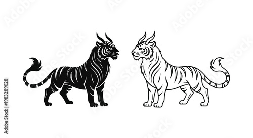 Mythical Creatures: Chimeric Lion-Tiger & Panther Hybrid Art Vector