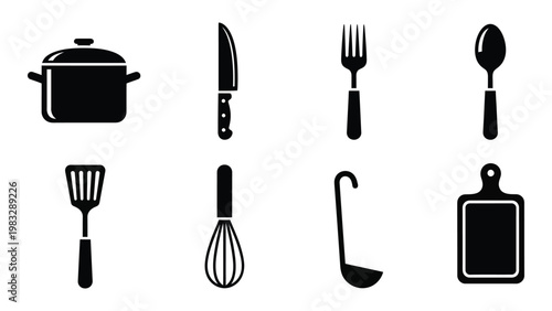 A collection of black silhouette kitchen utensils including a pot knife spoon and spatula high quality