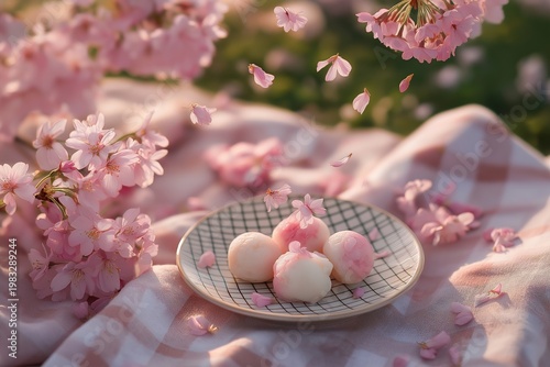 日本の春を感じる満開の桜とお花見ピクニックの華やかなイラスト背景素材