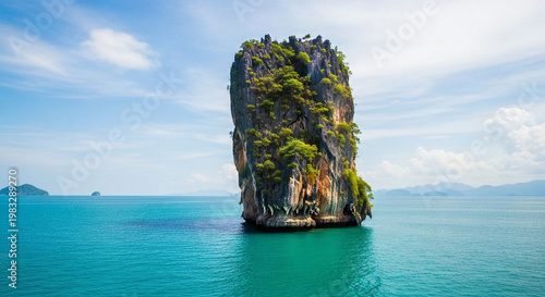 Majestic limestone karstic island soaring dramatically from vibrant turquoise waters under a serene blue sky, showcasing the breathtaking natural beauty of a secluded tropical paradise