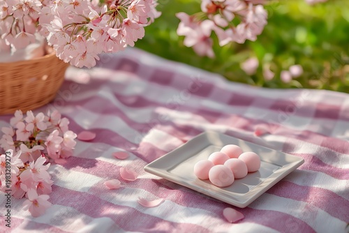 桜の花びらが舞う公園でのピクニックとティータイムをイメージした春色背景