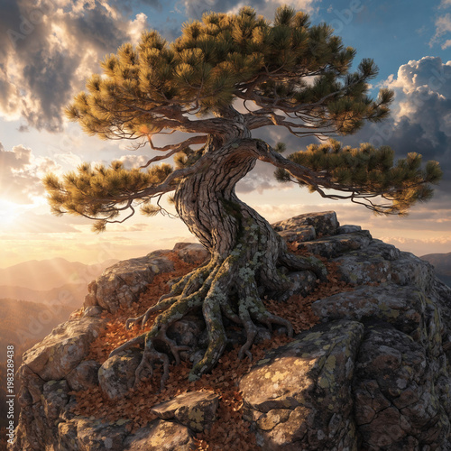 Ancient pine tree grows upon jagged mountain summit, rocky cliff landscape, golden sunset lighting, rugged terrain rock sky clouds roots trunk.