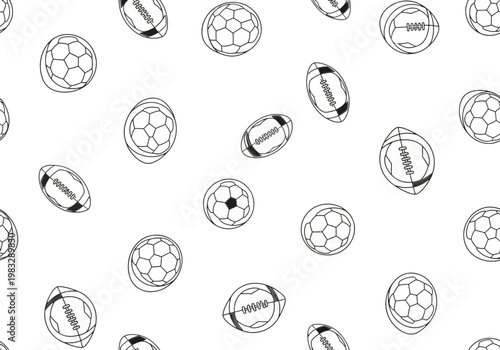 A seamless pattern featuring outlined soccer balls and American footballs scattered on a white background, perfect for sports-themed designs.