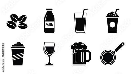 A collection of black silhouette icons depicting various beverages and food items high quality professional detailed