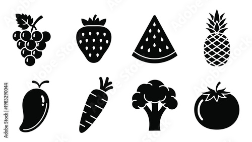 A collection of black silhouette icons depicting various fruits and vegetables high quality professional detailed modern