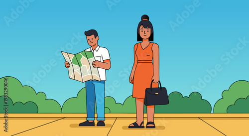 Navigating the City Couple Examining a Map on a Paved Path with Greenery in the Background