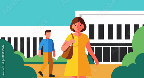 People walking in front of a building in a park during the day