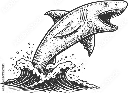 Shark Breaching in Monochrome – Detailed Black and White Illustration