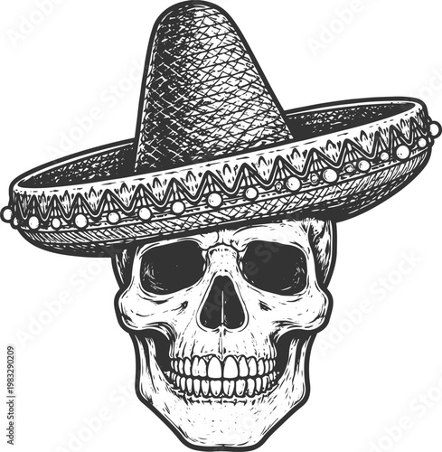 Skull with Sombrero – Intricate Black and White Detail