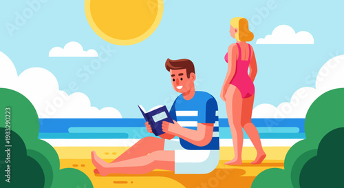 Couple enjoying a sunny beach day, with one person reading a book and the other walking by the sea under a blue sky with clouds