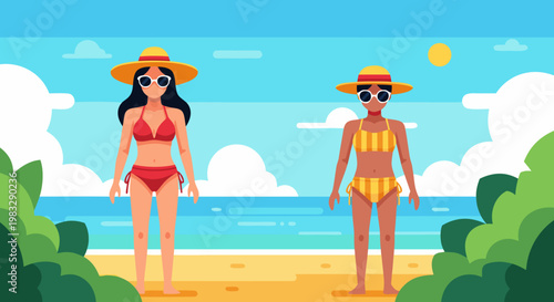 Two women in swimwear enjoying a sunny day at the beach with the ocean and sky in the background