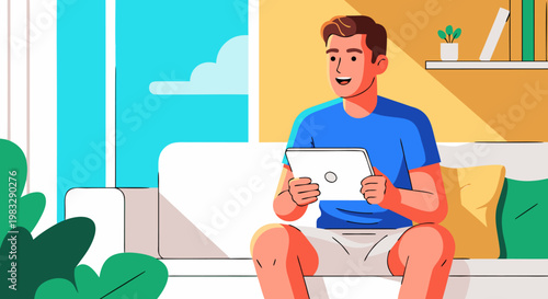 Man sitting on couch using tablet at home with plants and natural light, depicting a cozy modern lifestyle and digital connectivity