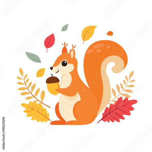 Cartoon squirrel with acorn and autumn leaves illustration