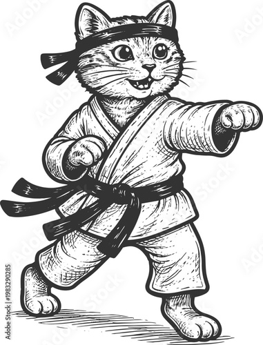 Karate Cat in Action – Detailed Black and White Illustration
