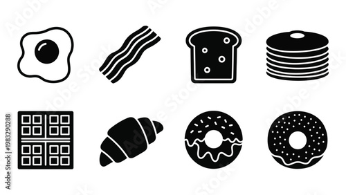 A collection of breakfast and sweet treat icons including eggs bacon bread and pastries high quality