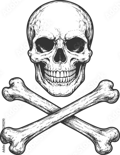 Intricate Skull and Crossed Bones – Detailed Black and White Illustration