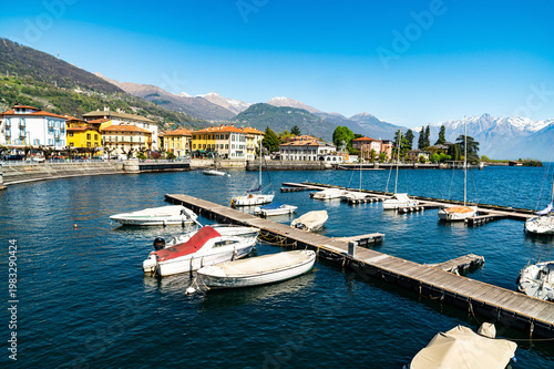View of the panorama of Lake Como and the town of Dongo, including the marina.