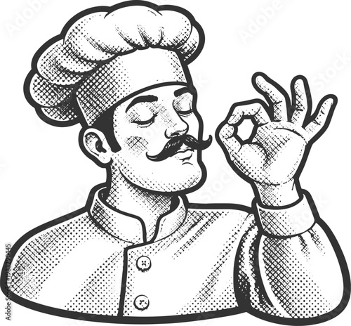 Chef Making the OK Gesture – Hand-Drawn Black and White Illustration