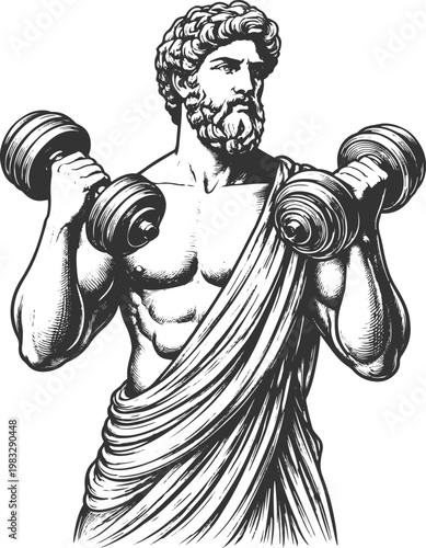 Classical Strength – Ink Drawing of a Muscular Figure with Dumbbells