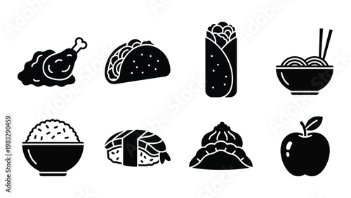 A collection of black silhouette icons representing various global food dishes and a single apple