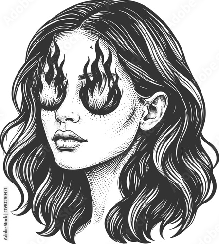 Girl with Flaming Eyes – Intricate Black and White Illustration