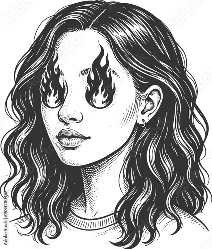 Girl with Flaming Eyes – Intricate Black and White Illustration