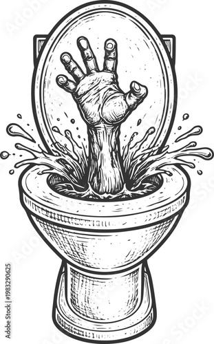 Zombie Hand Emerging from Toilet Bowl - Vintage Horror Illustration