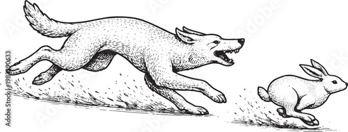 Wolf Chasing Rabbit in Motion - Vintage Illustration of Wild Chase