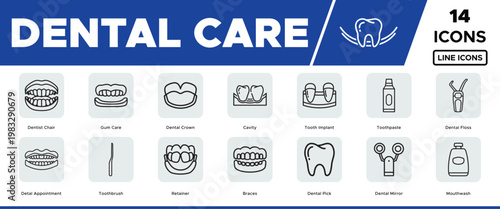 Dental Care Line Icons, a comprehensive vector collection of 14 outline symbols for oral hygiene and dentistry, perfect for medical websites and health apps.