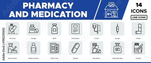 Pharmacy and Medication Line Icons, a comprehensive avector set of 14 medical drug and healthcare symbols, perfect for web design and app interfaces.