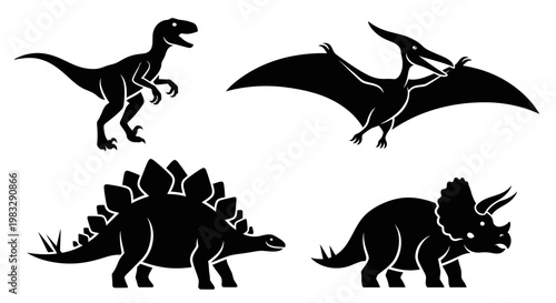 Dinosaur Silhouettes Set: Prehistoric Raptor, Pterodactyl, Stegosaurus, Triceratops Icons