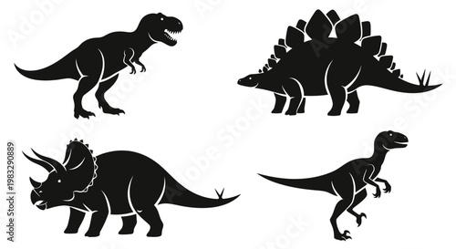 Dinosaur silhouettes set: T-Rex, Stegosaurus, Triceratops, and Velociraptor prehistoric animal icons