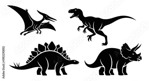 Dinosaur Silhouettes Set: T-Rex, Stegosaurus, Triceratops, Pterodactyl Icons Collection