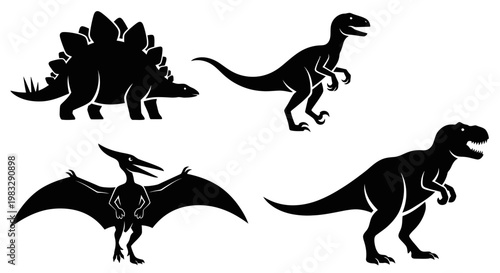Dinosaur Silhouettes Set: Stegosaurus, Velociraptor, Pterodactyl, and Tyrannosaurus Rex