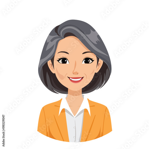 Smiling mature woman portrait in orange blazer with copy space isolated