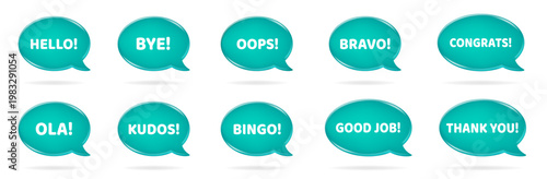 Good job, thank you, congrats. Bravo, bingo, bye. Oops, hello, ola, kudos. 3d vector illustration of a yellow speech bubble with white text on it. Teal oval textbox