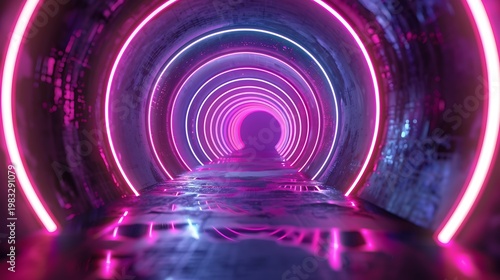 Vibrant Neon Lights Illuminating Futuristic Tunnel with Pink and Purple Hues