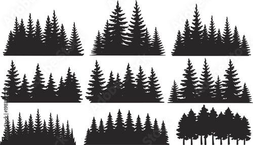 Collection of pine tree forest silhouettes isolated on white background, evergreen woodland landscape elements, natural conifer trees vector illustration set