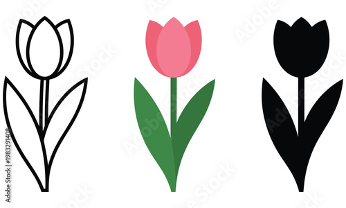 Фотография Vector graphic illustration of tulip flowers in various colors and styles for de